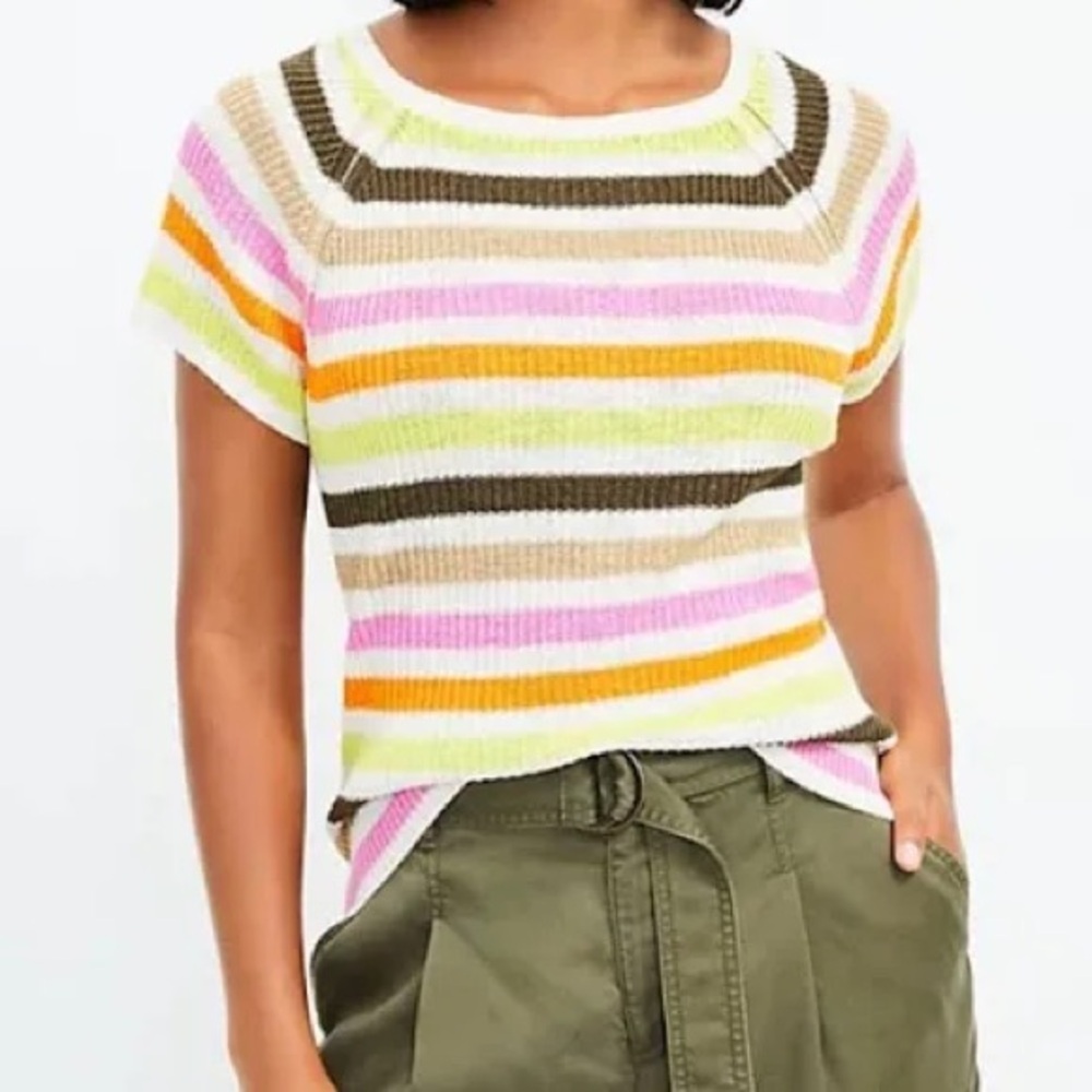 LOFT Striped Short-Sleeve Knit Top in White, Pink, Orange, Green, Brown